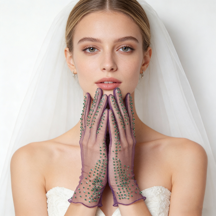 Bride wearing purple crystal embellished gloves with a wedding gown for a modern and artistic bridal photoshoot.