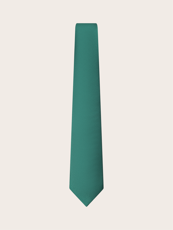 Emerald green silk necktie shown straight and flat against a cream background.