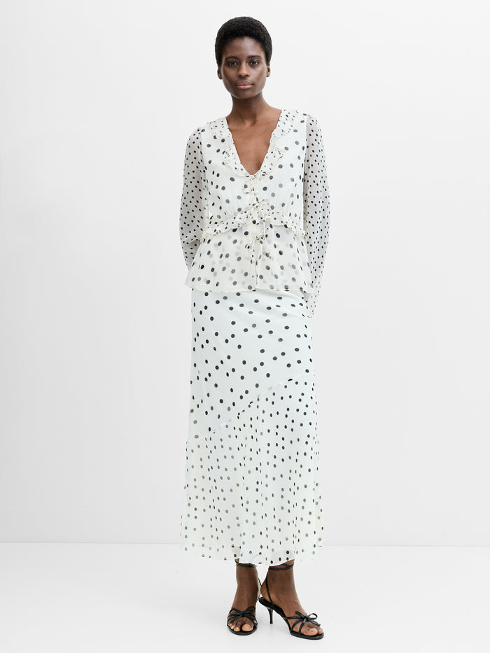 Emina Chiffon Monochrome Polka Dot Ruffle Top