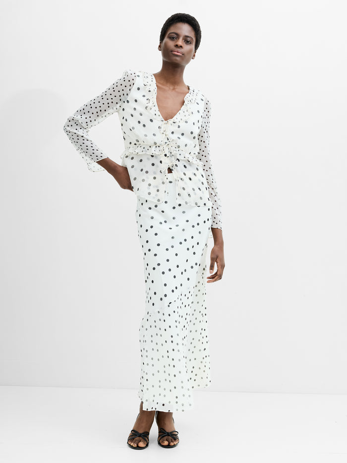 Emina Chiffon Monochrome Polka Dot Ruffle Top