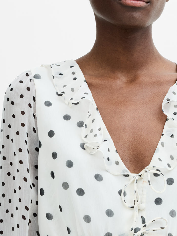 Emina Chiffon Monochrome Polka Dot Ruffle Top