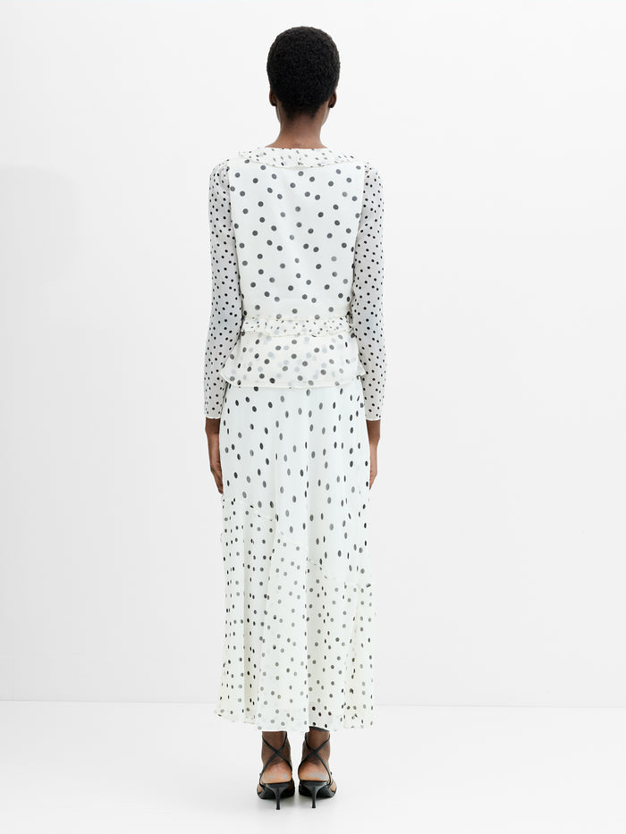 Emina Chiffon Monochrome Polka Dot Ruffle Top