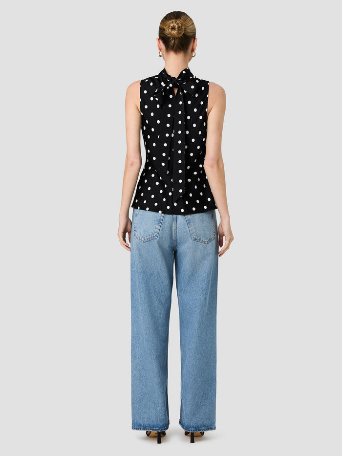 Ennis Black and White Polka Dot Eco Satin Bow Top