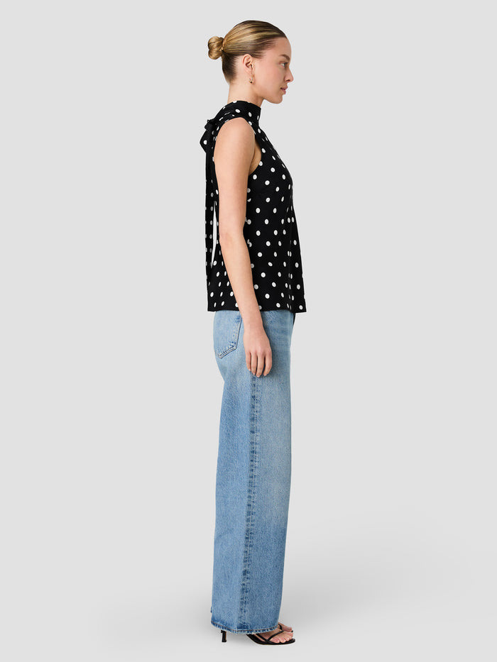 Ennis Black and White Polka Dot Eco Satin Bow Top