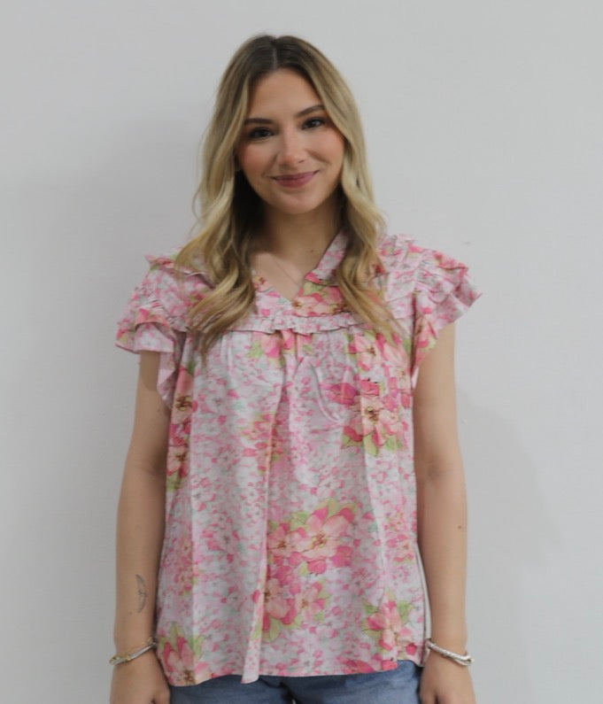 Entro Floral print v-neck ruffle sleeve top