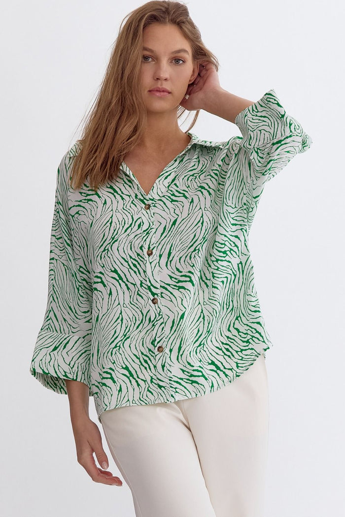 Entro Printed 3/4 sleeve button down collared top