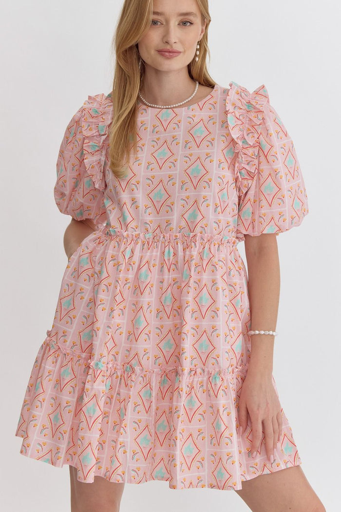 Entro Printed short puff sleeve mini dress
