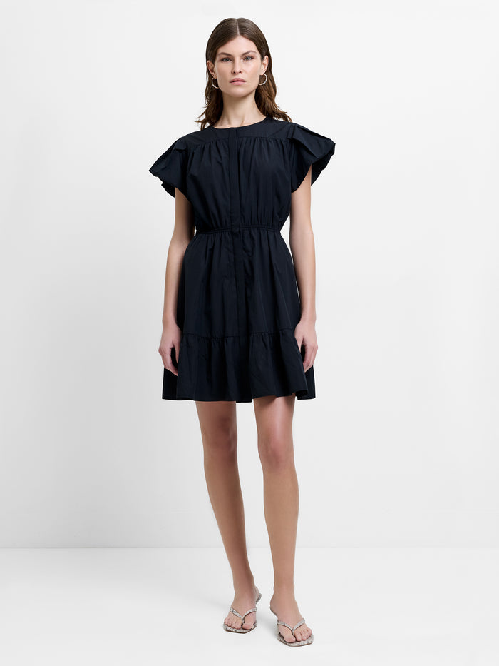 Era Poplin Flutter Sleeve Tiered Black Mini Dress
