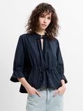 Era Poplin Ruffle Collar Drawstring Waist Navy Top