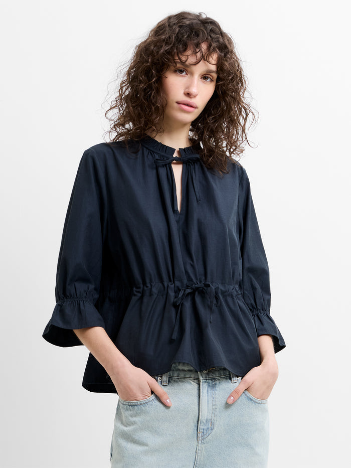 Era Poplin Ruffle Collar Drawstring Waist Navy Top