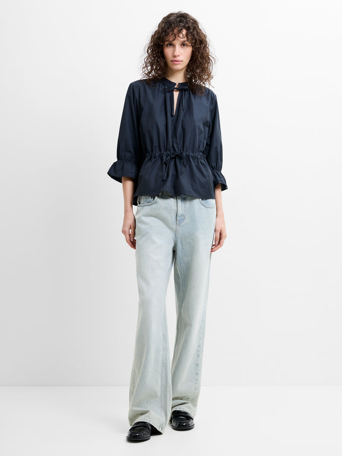 Era Poplin Ruffle Collar Drawstring Waist Navy Top