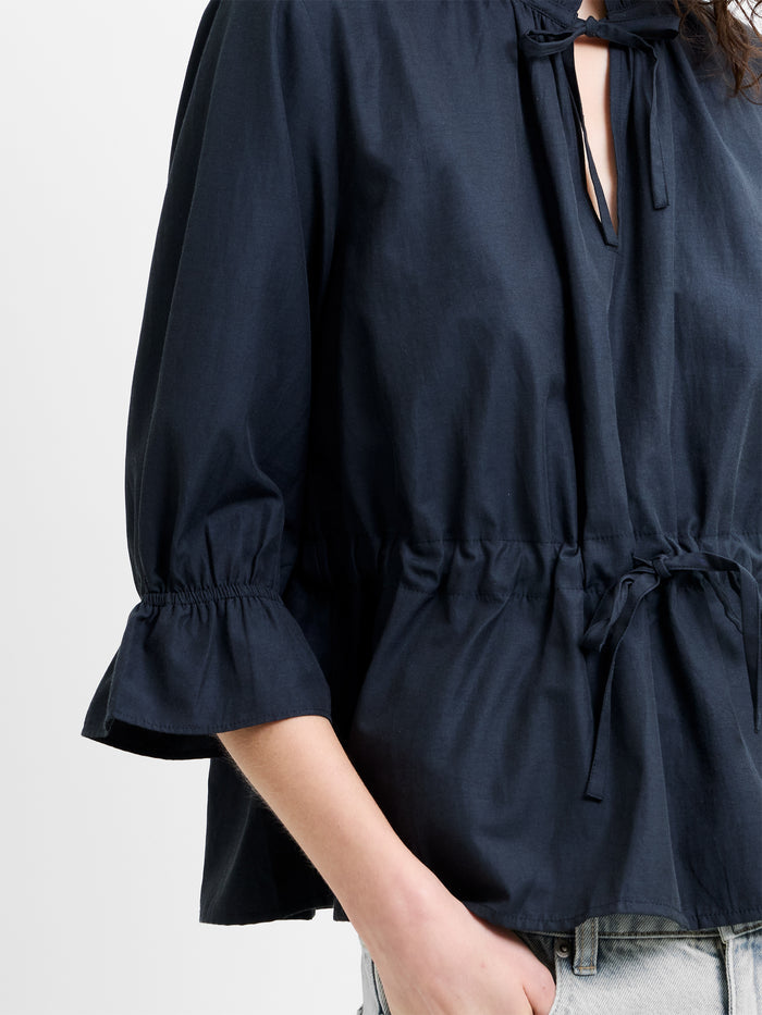 Era Poplin Ruffle Collar Drawstring Waist Navy Top