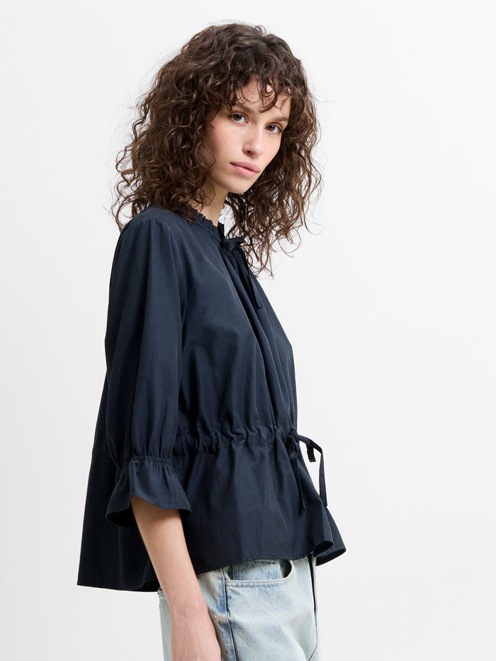 Era Poplin Ruffle Collar Drawstring Waist Navy Top