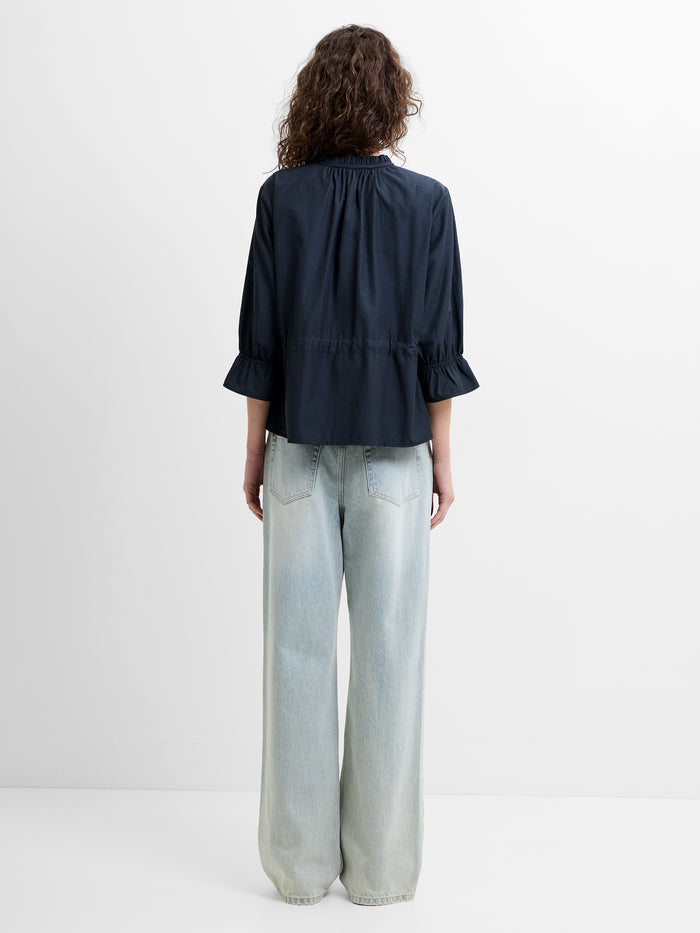 Era Poplin Ruffle Collar Drawstring Waist Navy Top