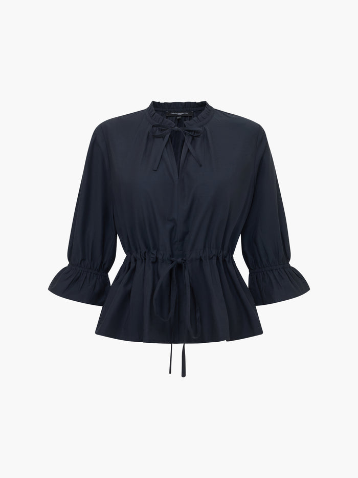Era Poplin Ruffle Collar Drawstring Waist Navy Top