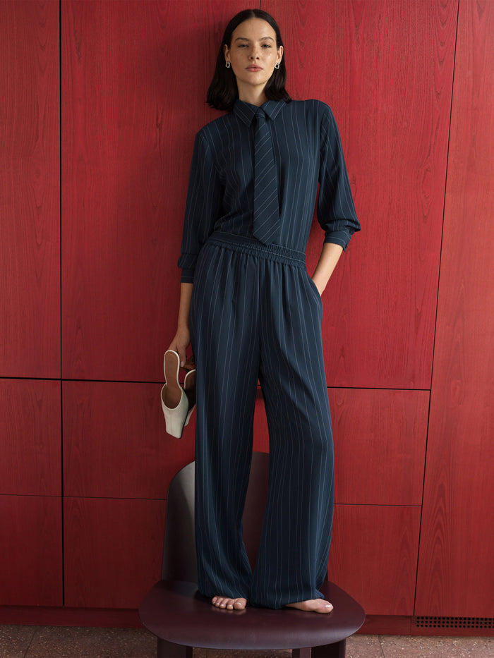 Erma Navy Pinstripe Pull-On Wide Leg Trousers