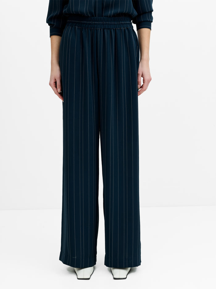 Erma Navy Pinstripe Pull-On Wide Leg Trousers