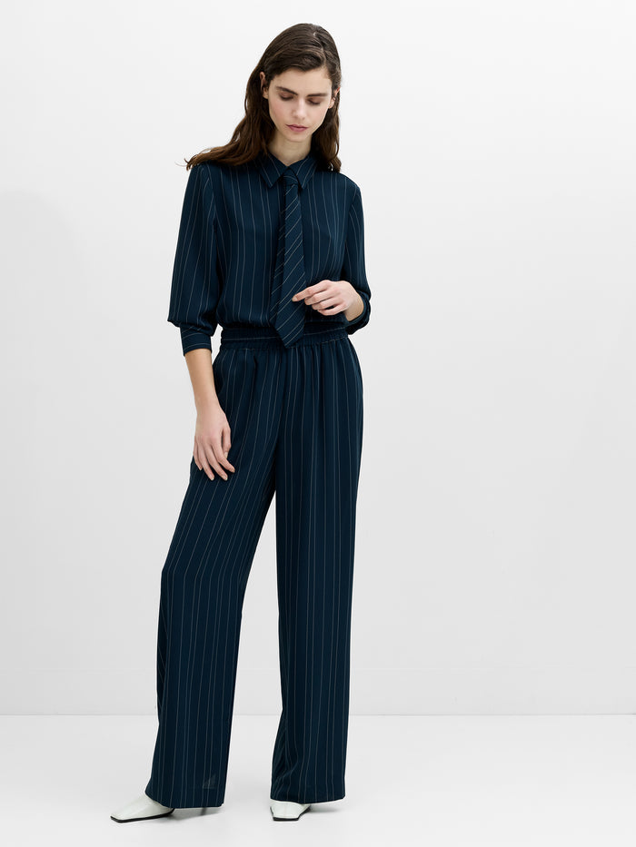 Erma Navy Pinstripe Pull-On Wide Leg Trousers