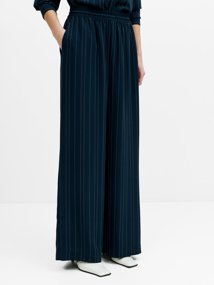 Erma Navy Pinstripe Pull-On Wide Leg Trousers