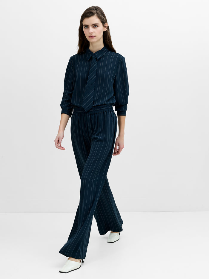 Erma Navy Pinstripe Pull-On Wide Leg Trousers