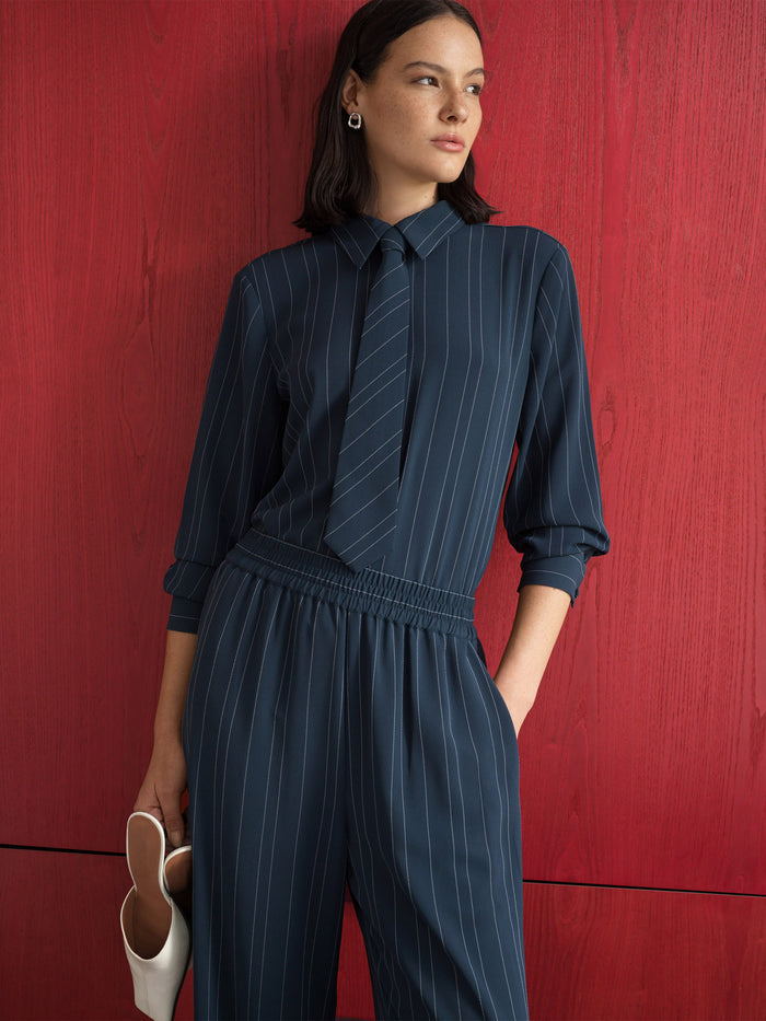 Erma Navy Pinstripe Tie Long Sleeve Shirt