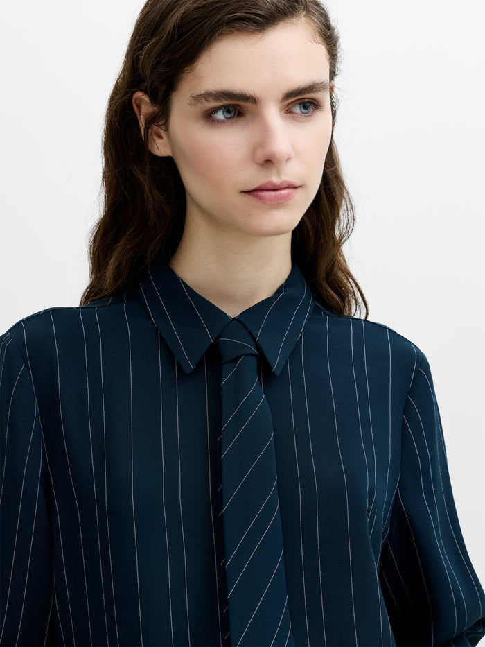 Erma Navy Pinstripe Tie Long Sleeve Shirt