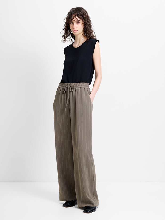 Erma Pinstripe Khaki Pull-On Wide Leg Trousers