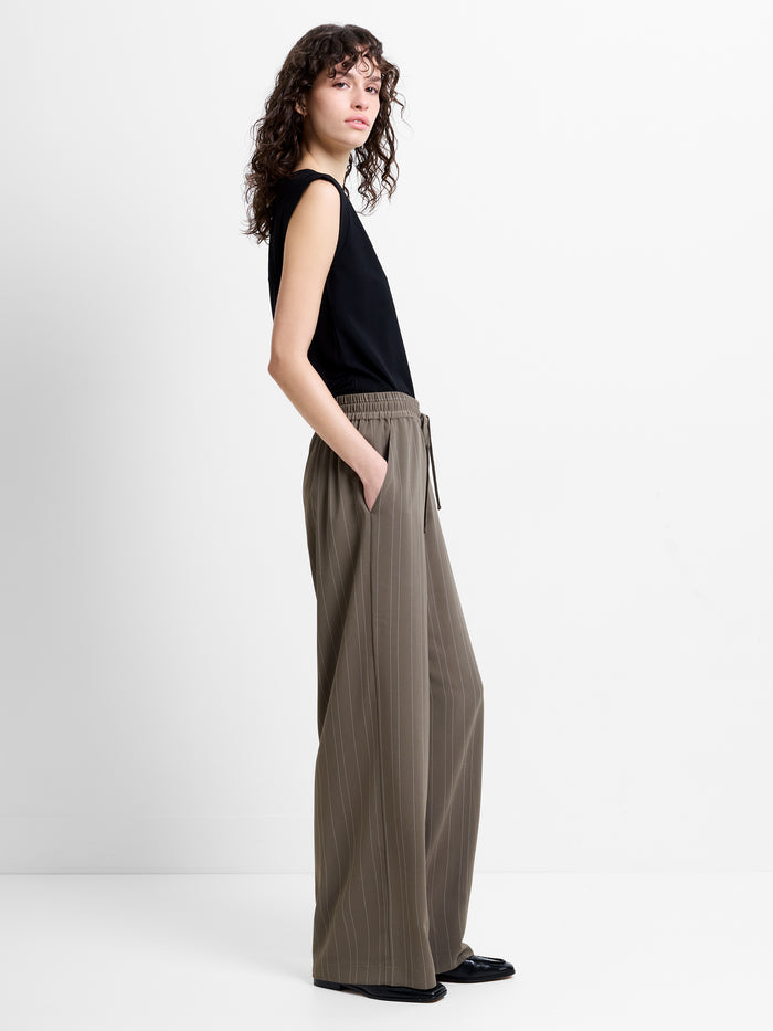 Erma Pinstripe Khaki Pull-On Wide Leg Trousers