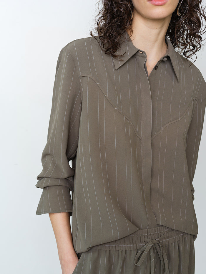 Erma Pinstripe Western Yoke Khaki Green Shirt