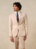 Man in a beige suit with a brown tie and white shirt, standing against a neutral background.