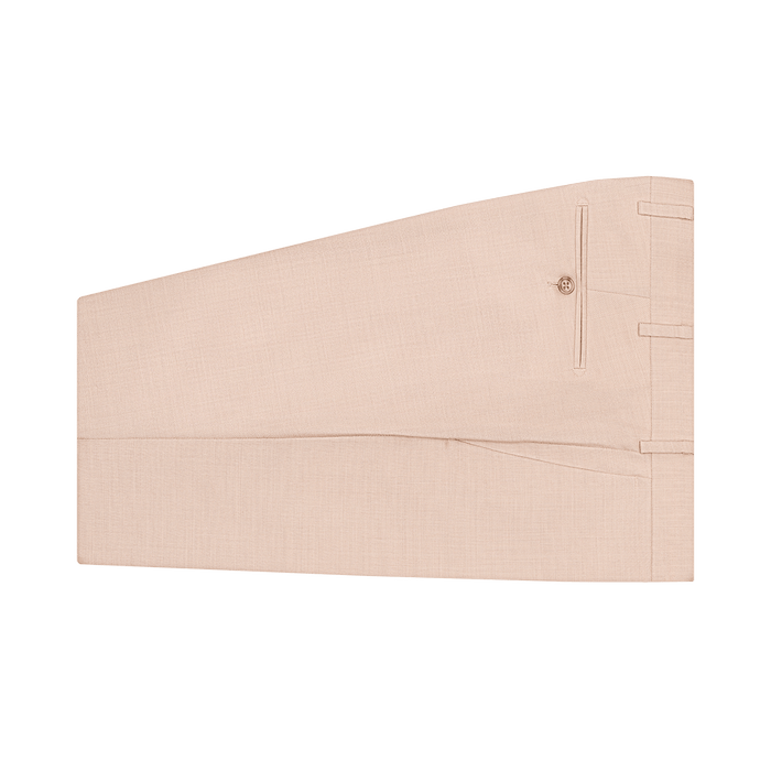 Beige suit trousers folded flat with button and belt loops, angled view