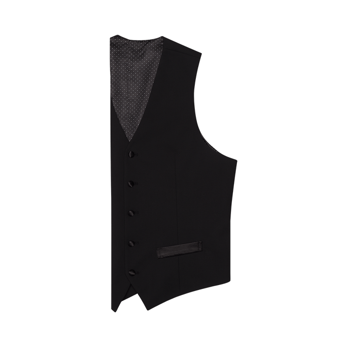 Black formal vest with a polka dot lining and five buttons.