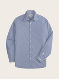 Navy and white striped dress shirt laid flat, showing spread collar and button placket.