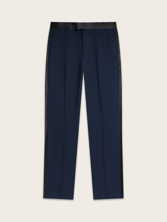 Navy tuxedo trousers laid flat, showing satin waistband and side pockets.