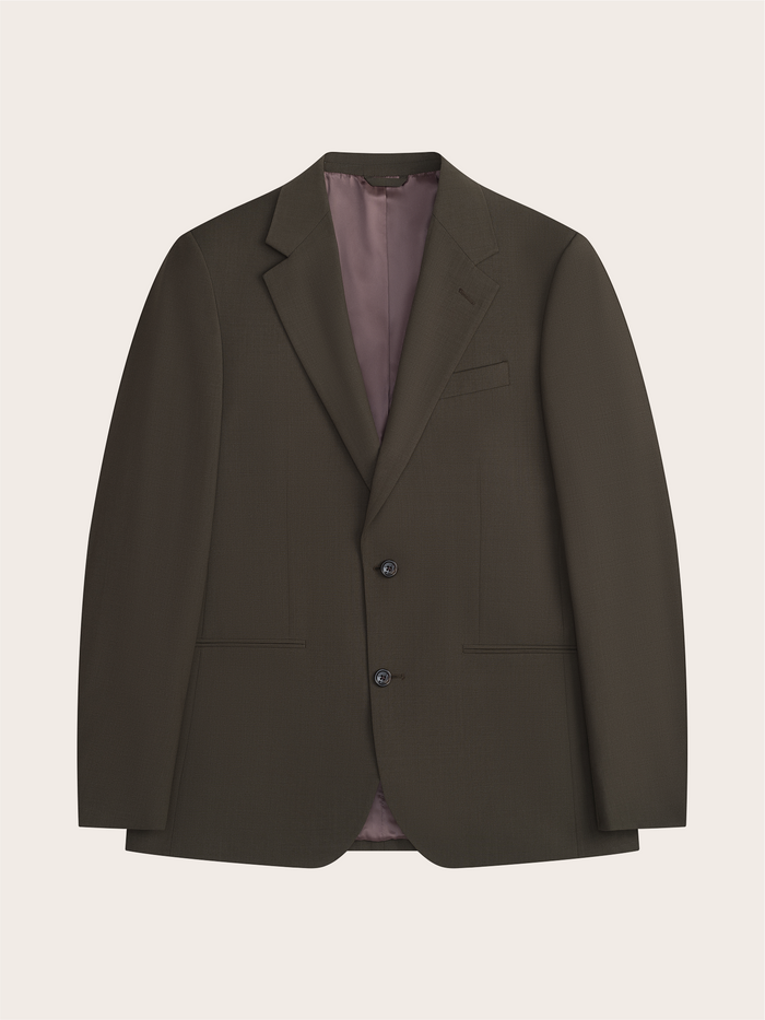 Olive suit jacket laid flat, showing notch lapel and welt pocket.
