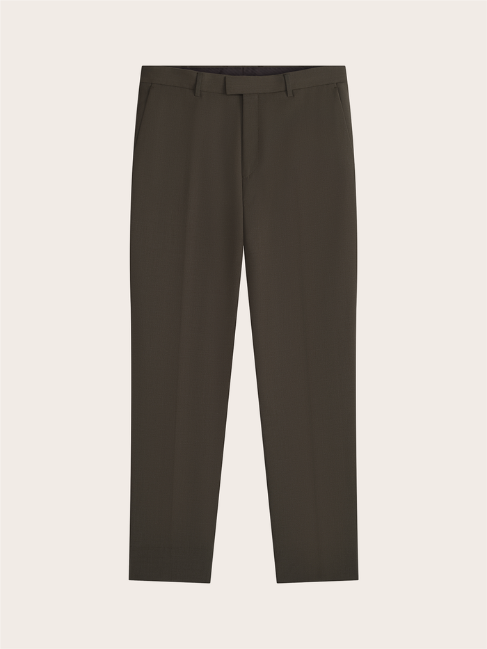 Olive suit trousers laid flat, front view.