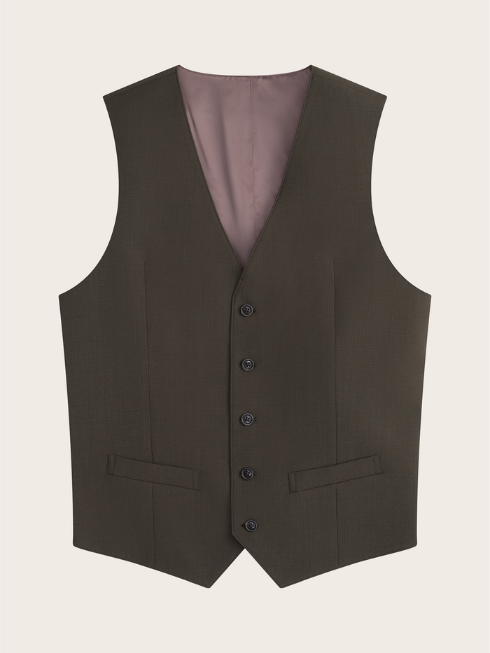 Olive suit vest laid flat, front view with five buttons and welt pockets.