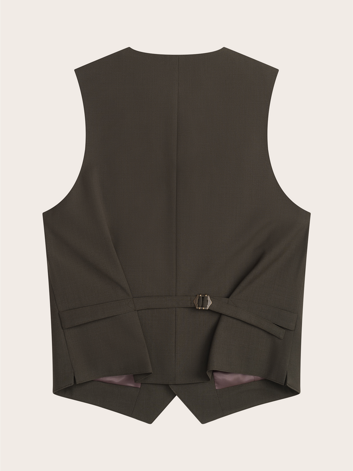 Olive suit vest laid flat, back view, showing adjustable strap buckle.