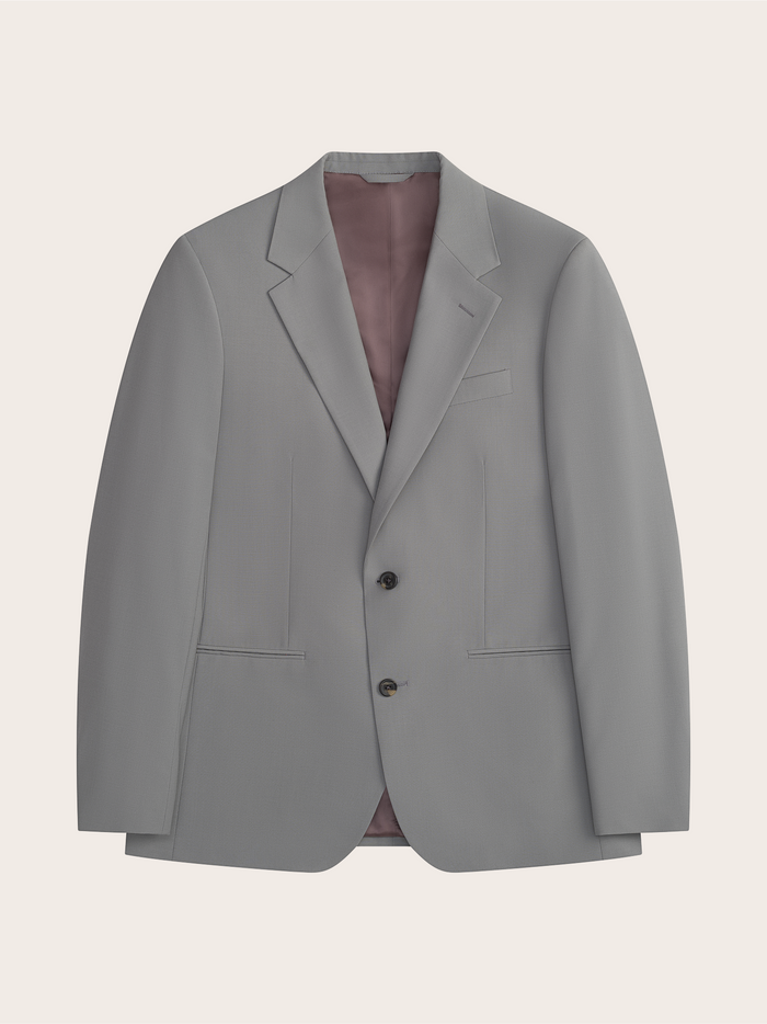 Sage suit jacket laid flat, showing notch lapel and two buttons.