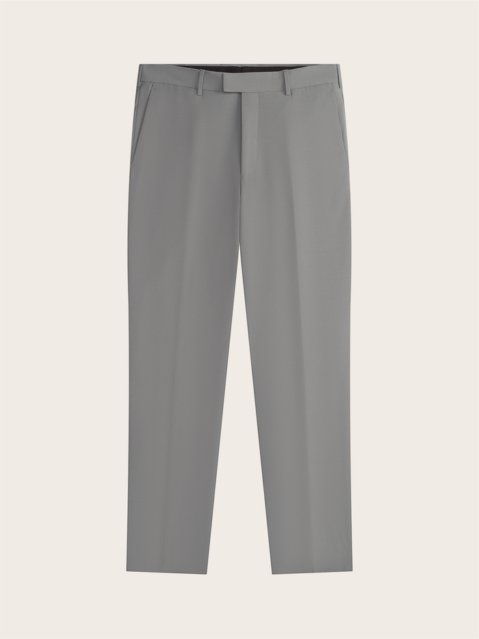 Sage suit trousers laid flat, front view.