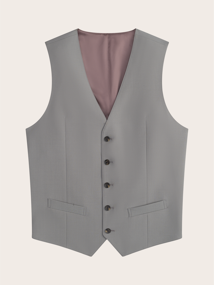 Sage suit vest laid flat, front view with five buttons.