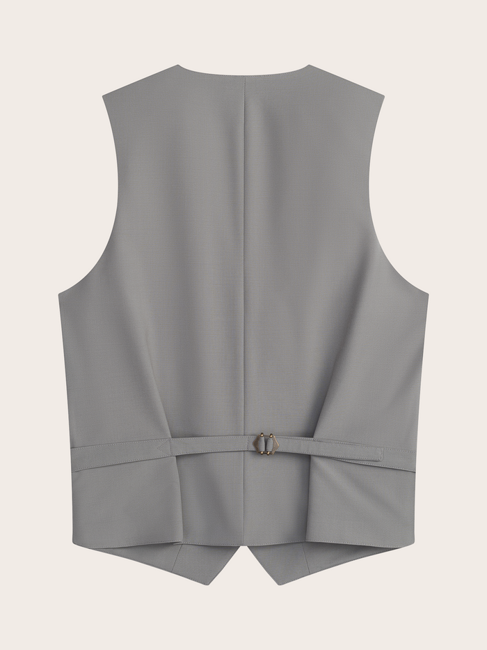 Back view of a sage suit vest laid flat, showing adjustable strap buckle.