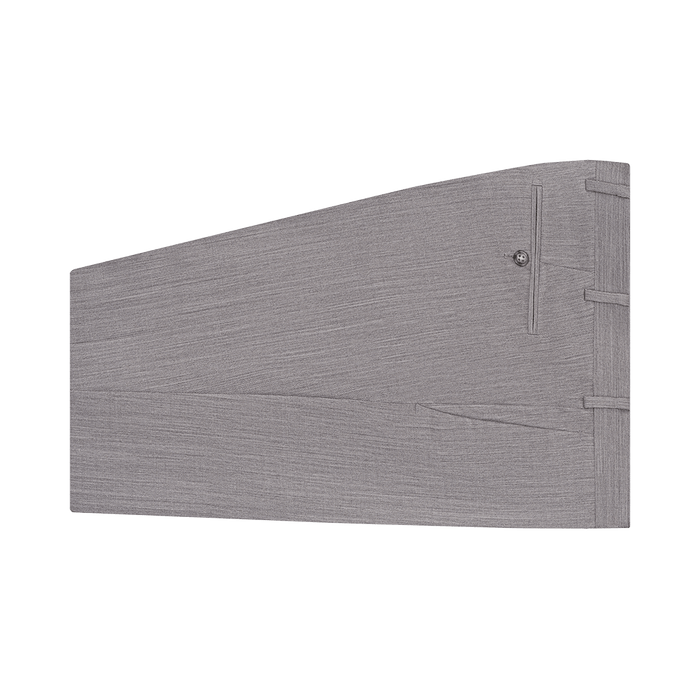 Sterling grey suit trousers laid flat, side angle showing pocket and belt loops.
