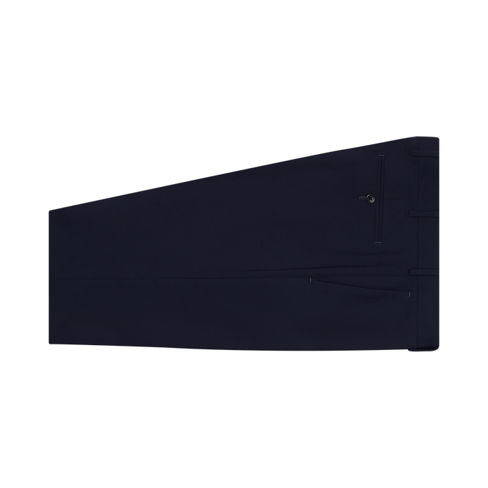True navy suit trousers laid flat, side angle showing pocket and belt loops.