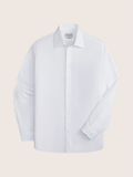 White dress shirt laid flat, front view with spread collar.