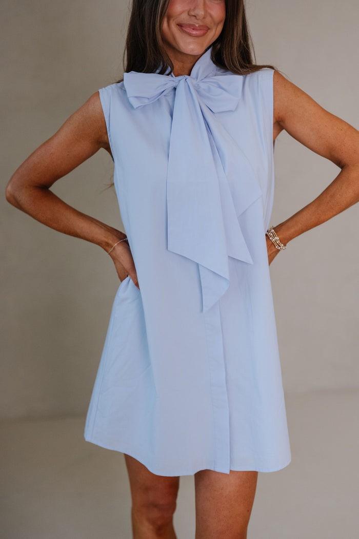 Evelyn Bow Detailed Mini Dress-Sky Blue