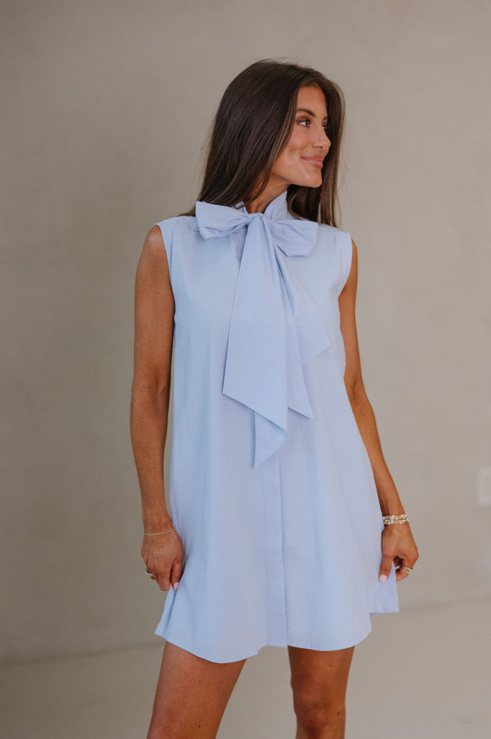 Evelyn Bow Detailed Mini Dress-Sky Blue