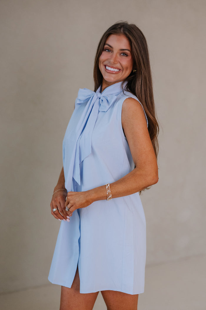 Evelyn Bow Detailed Mini Dress-Sky Blue