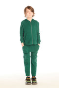 Full body front view of boy wearing Chaser’s Everest Green Knee Seam Jogger with matching Everest Green hoodie on a white background