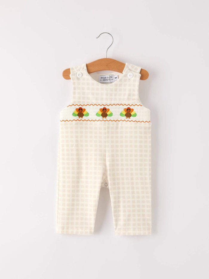 Fall Thanksgiving Apricot Plaid Turkey Embroidery Smocking Boys Romper